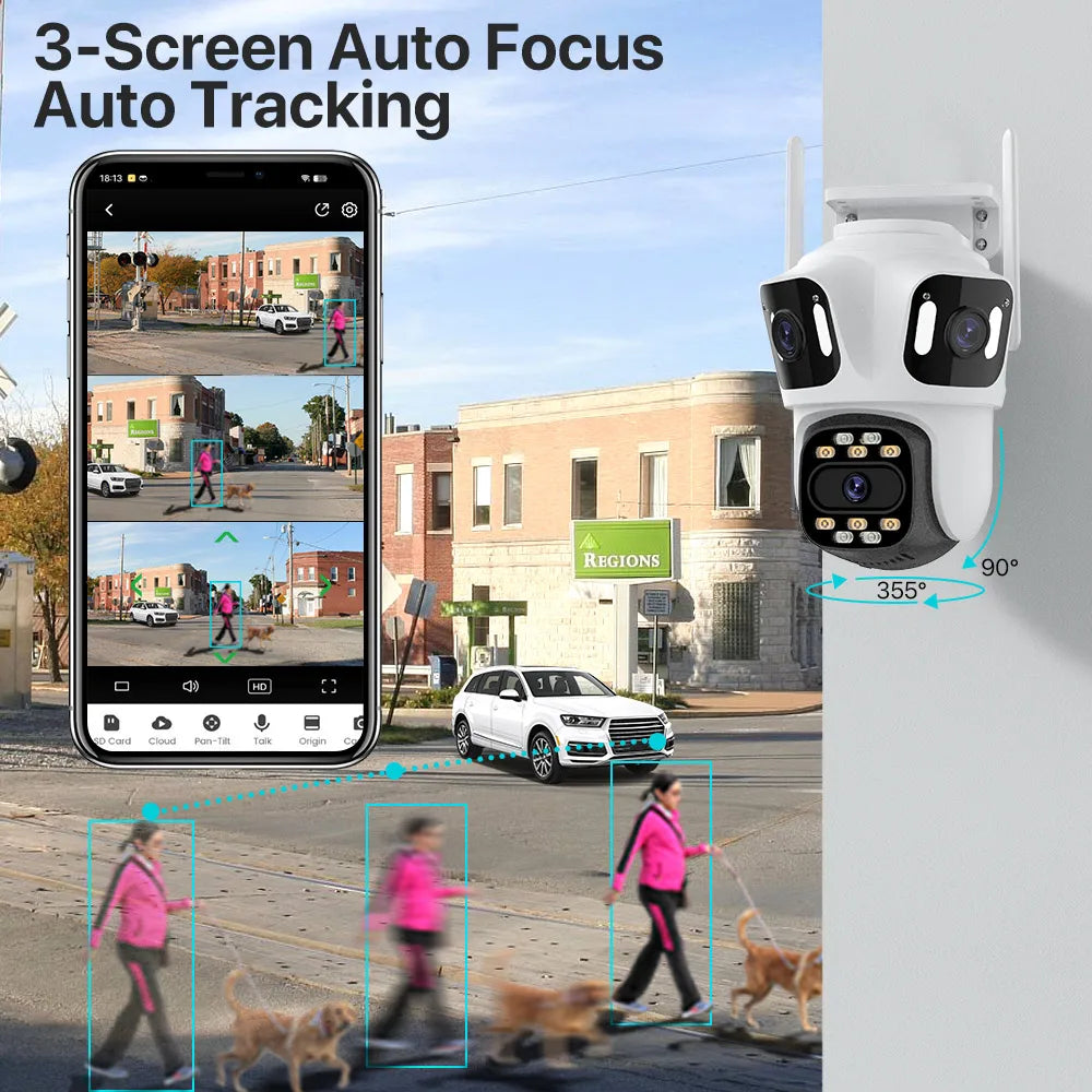 Three Lens PTZ IP Camera Outdoor 6K HD Three Screen Wifi Security Camera Auto Tracking 4K Dual Len Wirelss CCTV Camera Icsee