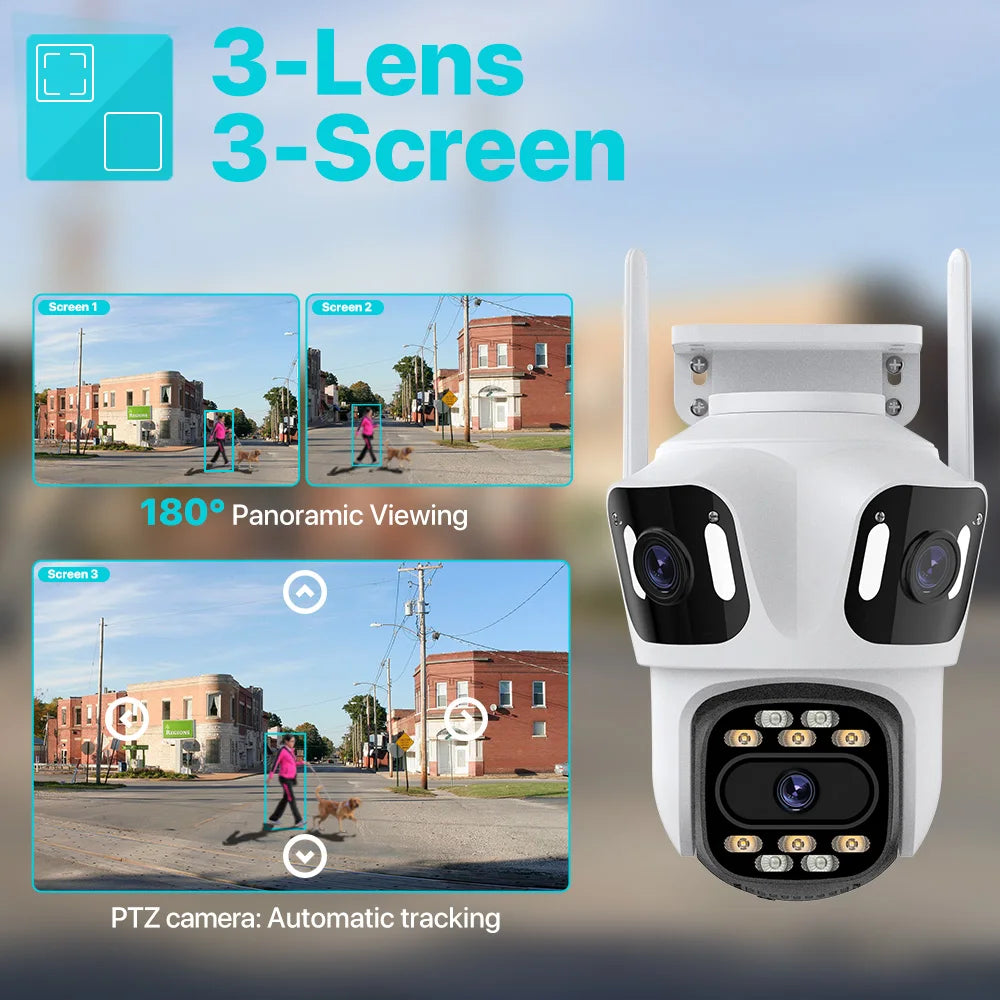 Three Lens PTZ IP Camera Outdoor 6K HD Three Screen Wifi Security Camera Auto Tracking 4K Dual Len Wirelss CCTV Camera Icsee